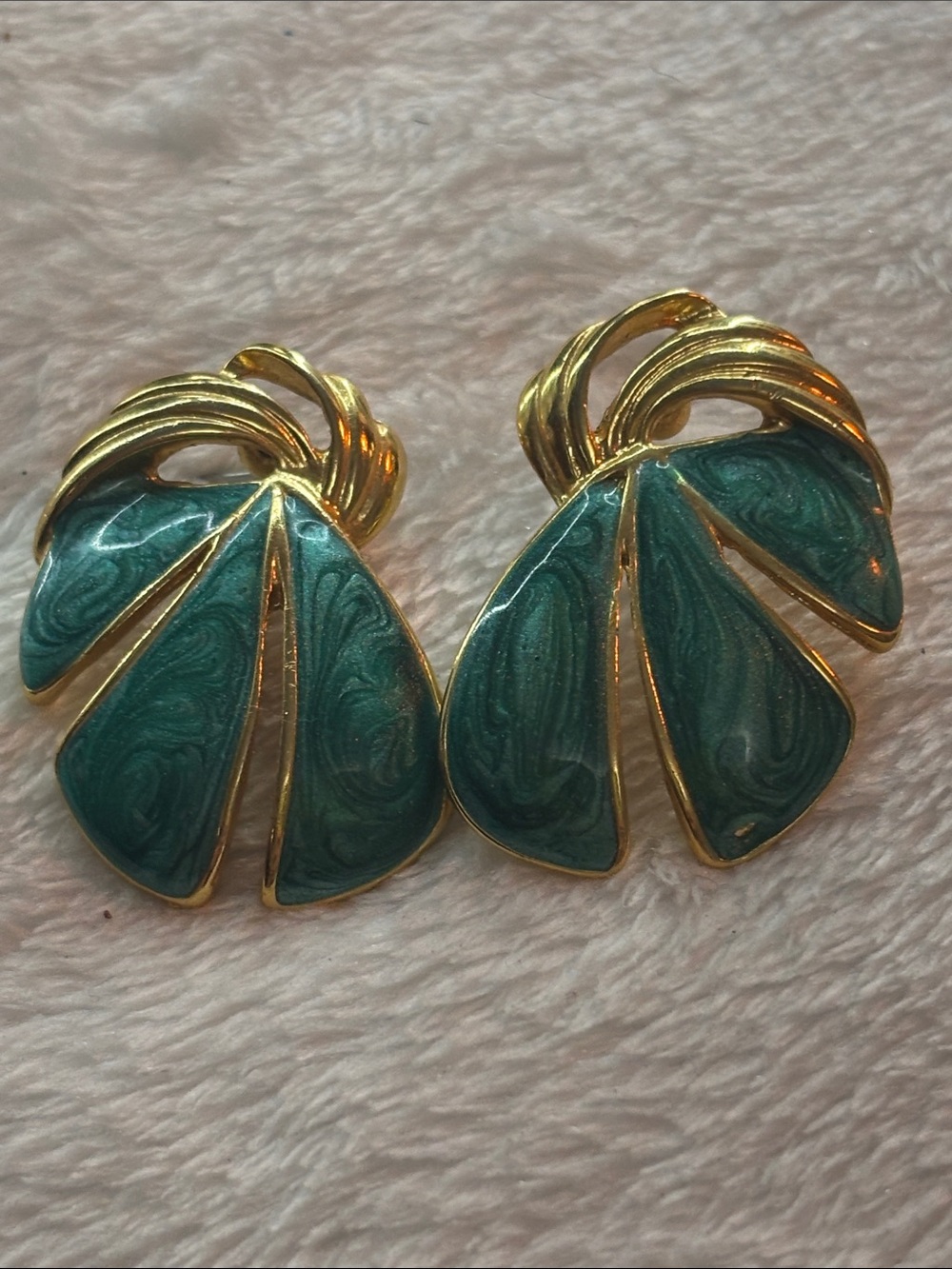 Gold-Tone Clip Earrings with Teal Enamel Fan Panels